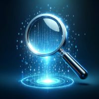 Data analysis concept with magnifying glass, digital data search, binary code investigation, information technology, cybersecurity research, virtual data inspection, digital forensic analysis
