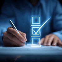 Businessman completing online survey form with checkbox icon using a pen, on a dark background