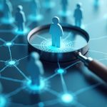 Magnifying glass focuses on person icon. Blurred figures interconnected by glowing lines. Concept of networking, teamwork, digital connections, business, human relationships, social media