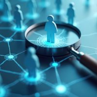 Magnifying glass focuses on person icon. Blurred figures interconnected by glowing lines. Concept of networking, teamwork, digital connections, business, human relationships, social media