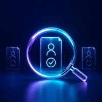 Magnifying glass over glowing digital profile document with checkmark. Concept of HR recruitment screening, and employee background check. Magnifying glass over glowing digital profile document with checkmark. Concept of HR recruitment screening, and employee background check.